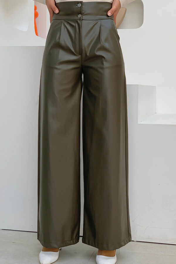 Zippered Button Detailed Leather Pocket Trousers 0253 Khaki - 3