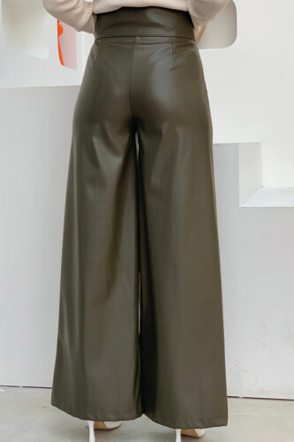 Zippered Button Detailed Leather Pocket Trousers 0253 Khaki - 4