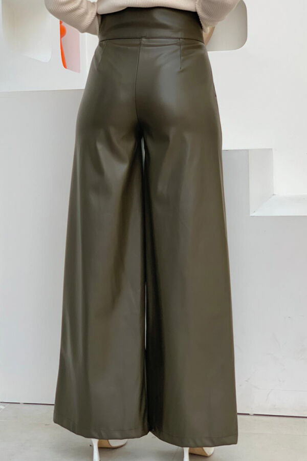 Zippered Button Detailed Leather Pocket Trousers 0253 Khaki - 4