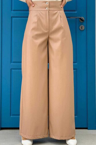 Zippered Button Detailed Leather Pocket Trousers 0253 Mink 