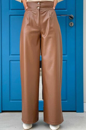 Hose mit Reißverschluss und Knopfdetail aus Leder mit Taschen 0253 glasiert 