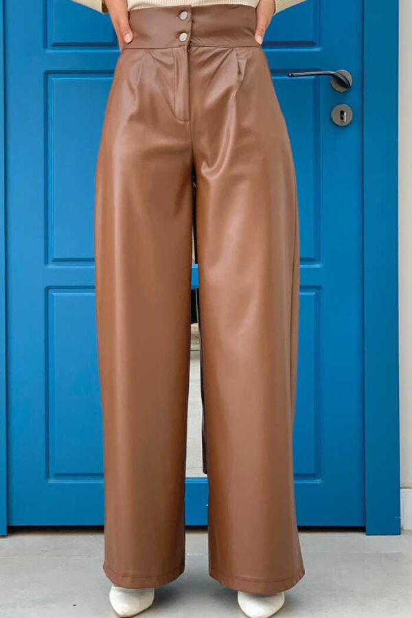 Hose mit Reißverschluss und Knopfdetail aus Leder mit Taschen 0253 glasiert - 1