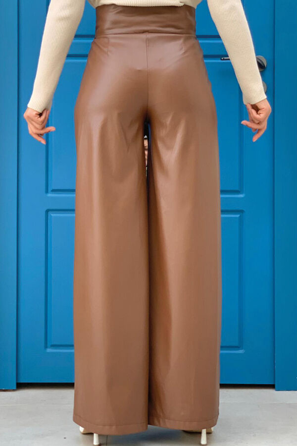 Zippered Button Detailed Leather Pocket Trousers 0253 Glazed - 4