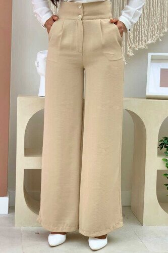 Cepli Düğme Detaylı Bol Paça Pantolon 0261 Taş - bym fashion