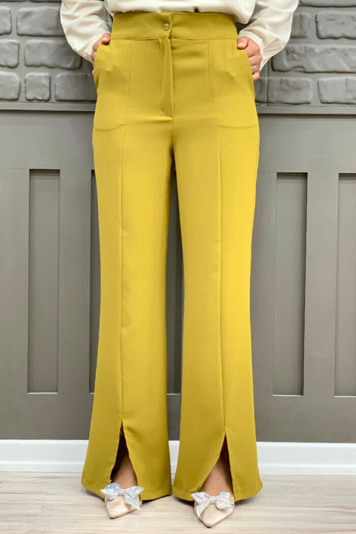 Zipper Slit Detailed Pocket Crepe Trousers 0271 Mustard - 2