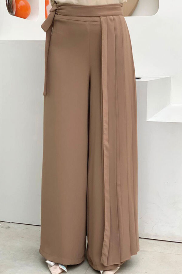 Piliseli Ayrı Bağlamalı Parça Detaylı Pantolon Etek 0274 Vizon - 5