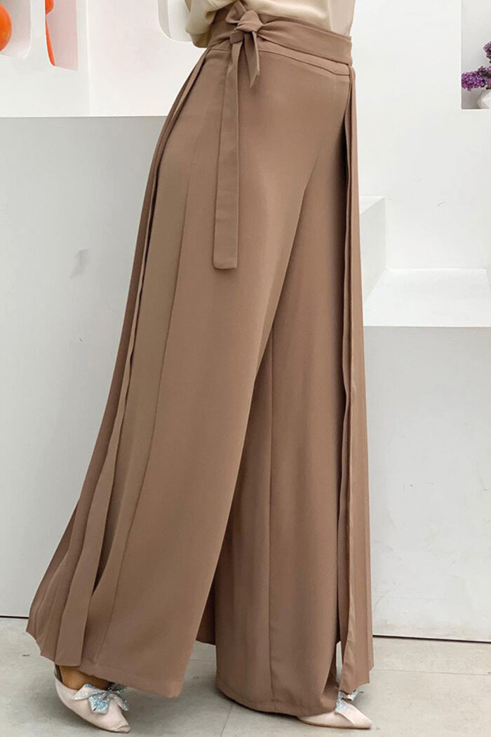 Piliseli Ayrı Bağlamalı Parça Detaylı Pantolon Etek 0274 Vizon - 2
