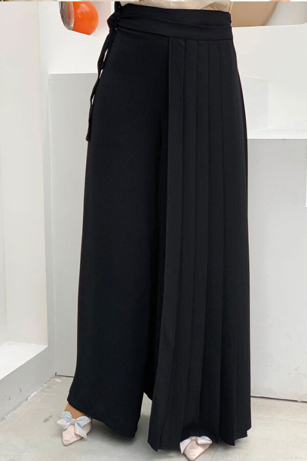Pleated Separate Tie Piece Detailed Trouser Skirt 0274 Black - 6