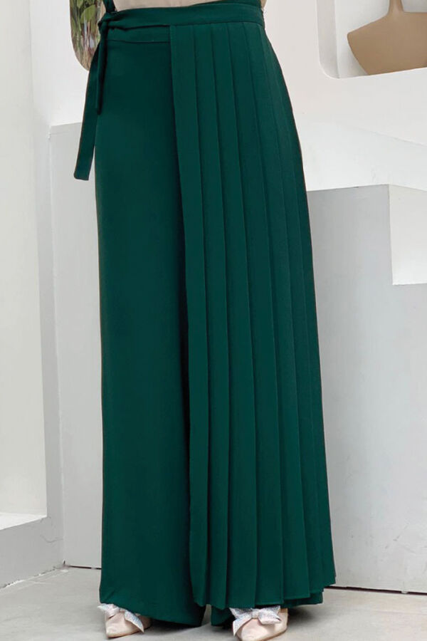 Pleated Separate Tie Detailed Trouser Skirt 0274 Emerald - 5