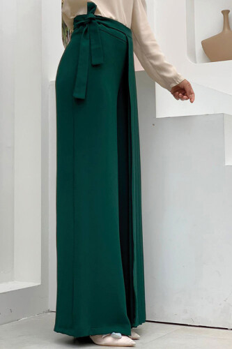 Pleated Separate Tie Detailed Trouser Skirt 0274 Emerald - 7