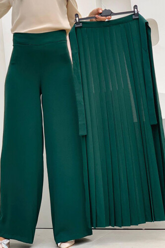 Pleated Separate Tie Detailed Trouser Skirt 0274 Emerald - 2