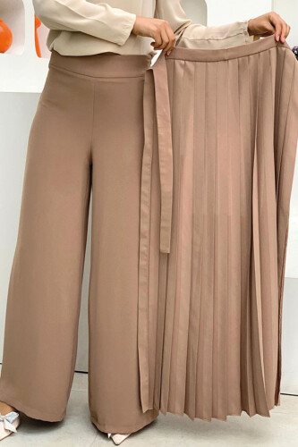Pleated Separate Tie Detailed Trouser Skirt 0274 Mink - 7