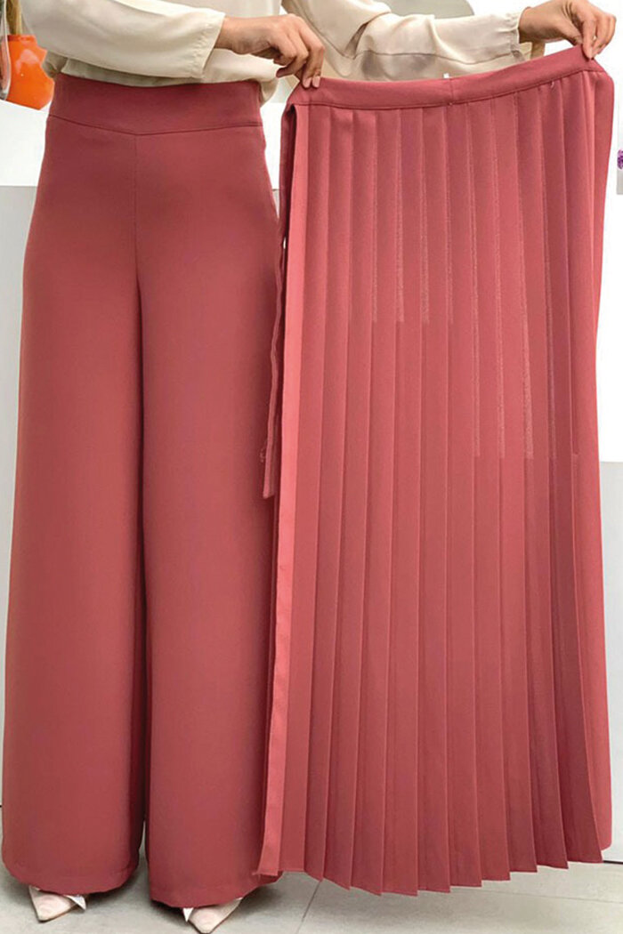 Pleated Separate Tied Piece Detailed Trouser Skirt 0274 Dried Rose - 2