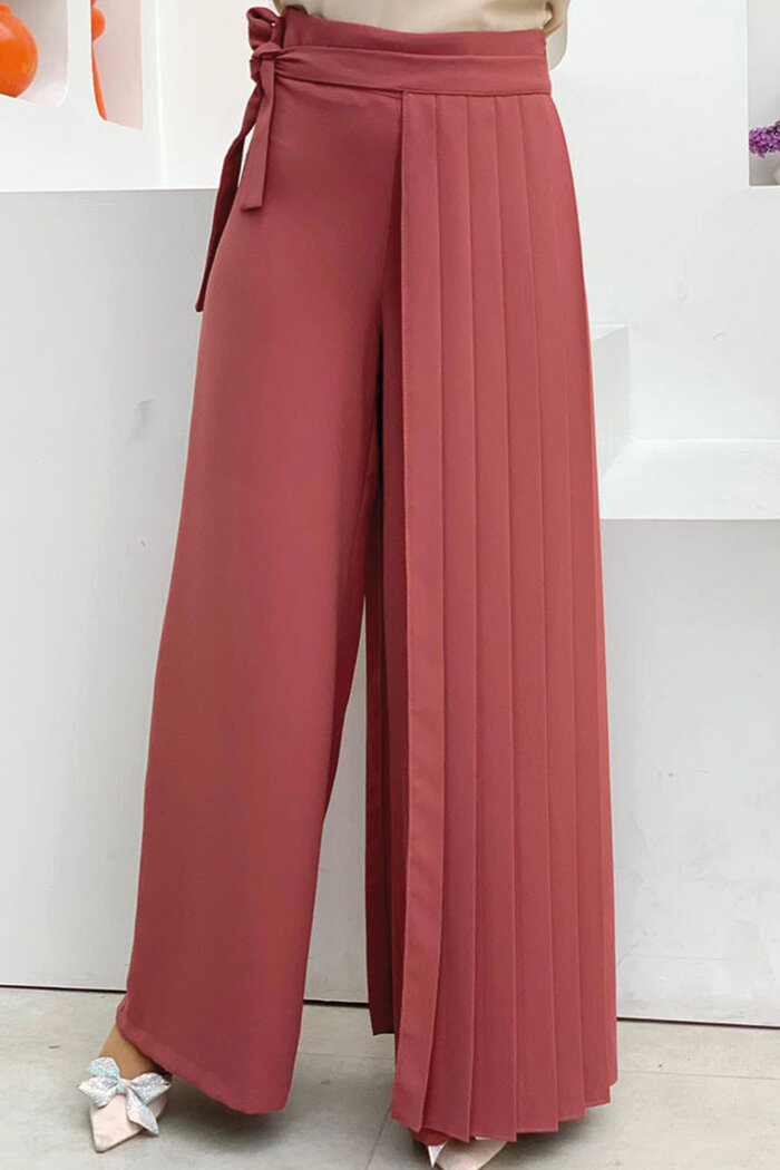 Pleated Separate Tied Piece Detailed Trouser Skirt 0274 Dried Rose - 5