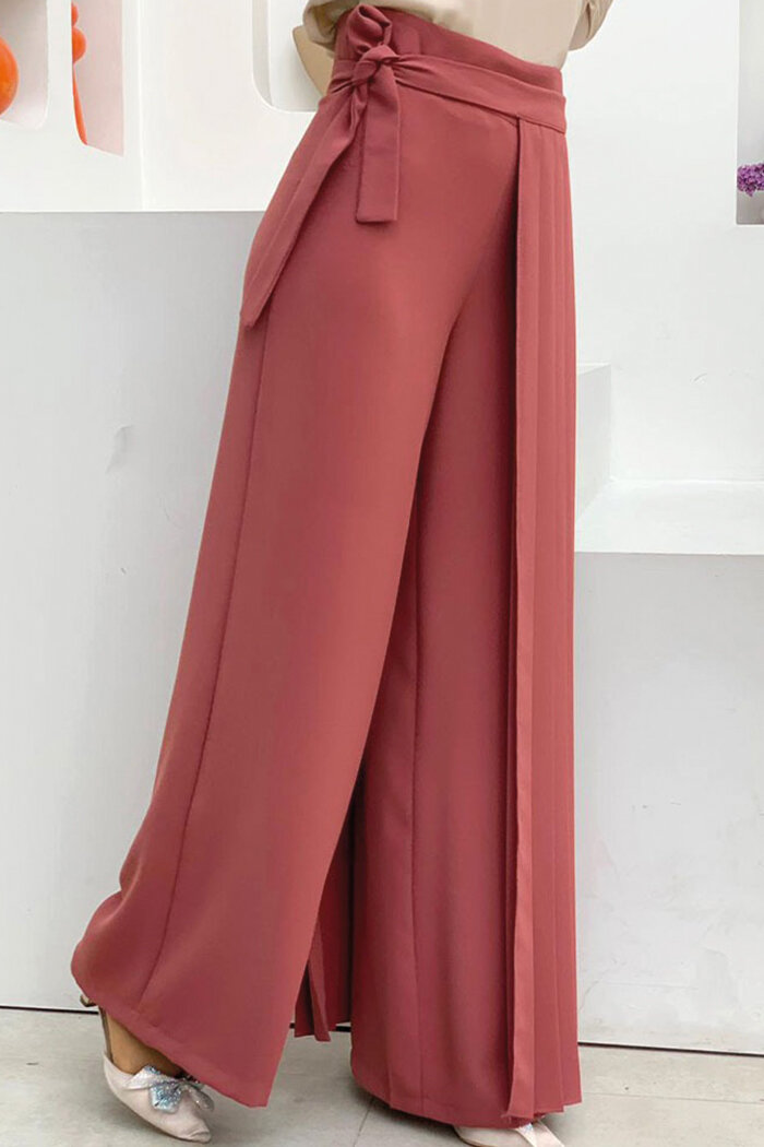 Pleated Separate Tied Piece Detailed Trouser Skirt 0274 Dried Rose - 7