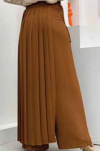 Pleated Separate Tied Piece Detailed Trouser Skirt 0274 Tan - 6