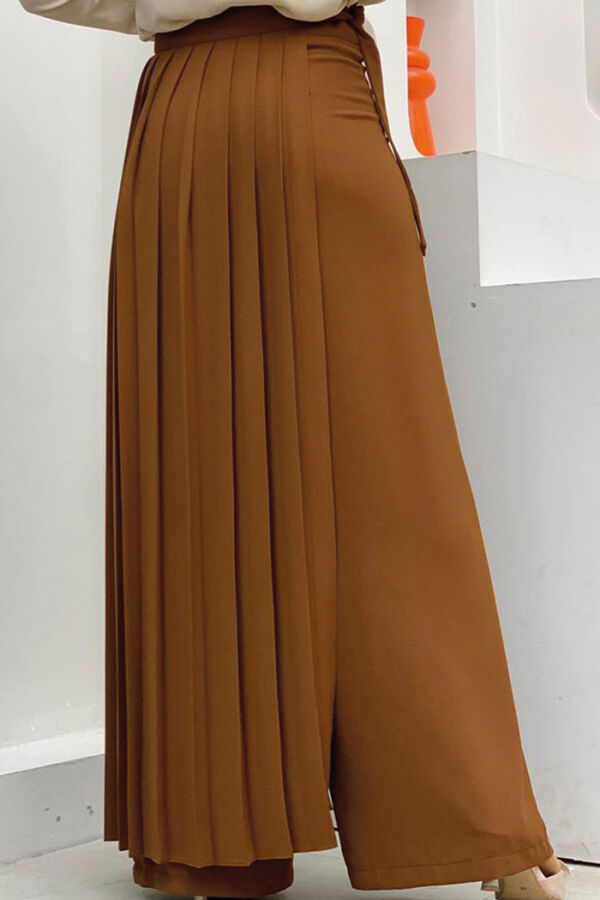 Pleated Separate Tied Piece Detailed Trouser Skirt 0274 Tan - 6