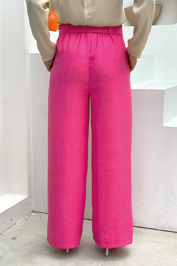 Düğme Detaylı Bel Bağlamalı Cepli Bol Pantolon 0275 Fuşya - 4