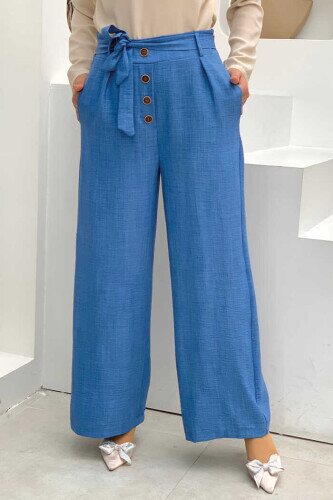 Düğme Detaylı Bel Bağlamalı Cepli Bol Pantolon 0275 İndigo - Bym Fashion