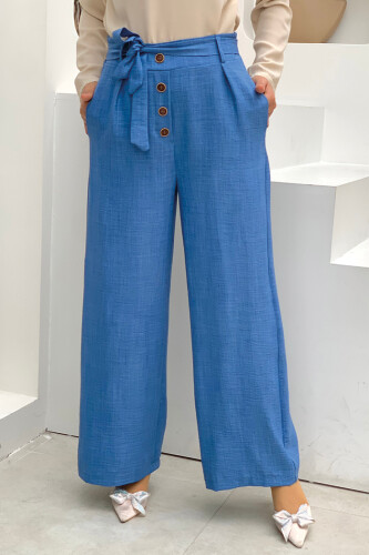 Düğme Detaylı Bel Bağlamalı Cepli Bol Pantolon 0275 İndigo - 3