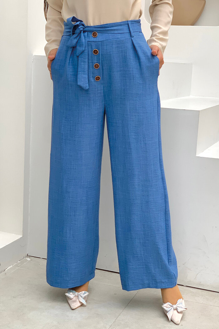 Düğme Detaylı Bel Bağlamalı Cepli Bol Pantolon 0275 İndigo - 3