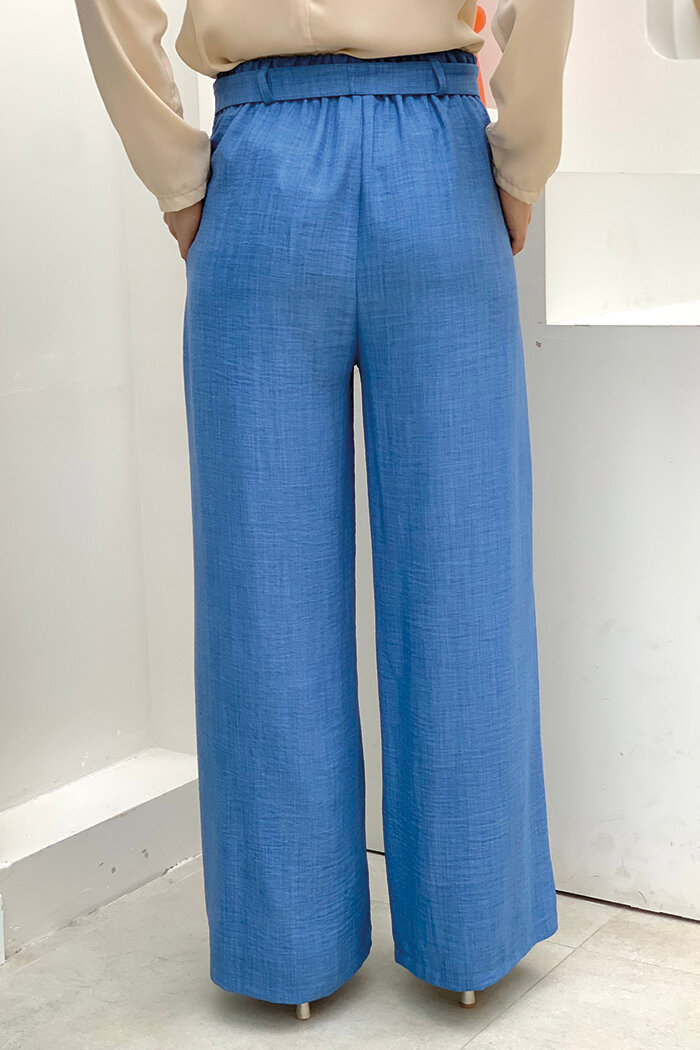 Düğme Detaylı Bel Bağlamalı Cepli Bol Pantolon 0275 İndigo - 4