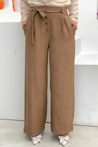 Button Detailed Waist Tie Pocket Loose Trousers 0275 Brown - 1