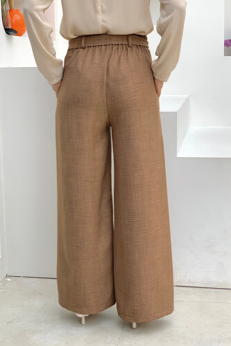 Button Detailed Waist Tie Pocket Loose Trousers 0275 Brown - 4