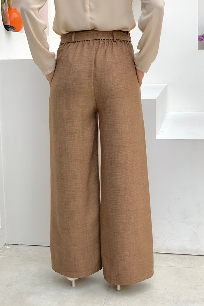 Button Detailed Waist Tie Pocket Loose Trousers 0275 Brown - 4
