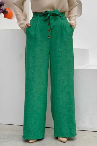 Button Detailed Waist Tie Pocket Loose Trousers 0275 Emerald 