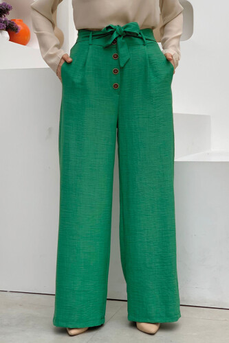 Button Detailed Waist Tie Pocket Loose Trousers 0275 Emerald - 3