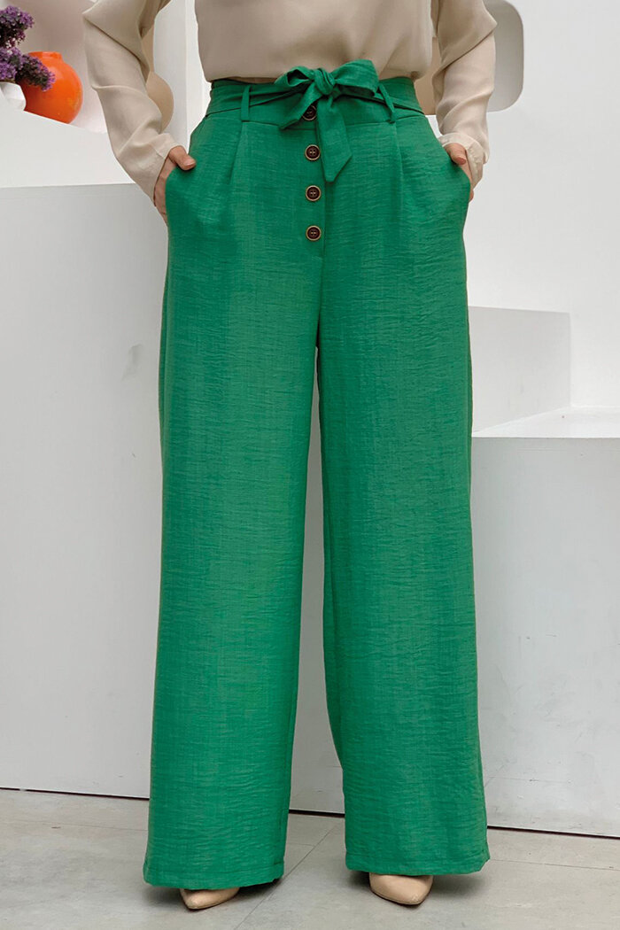Button Detailed Waist Tie Pocket Loose Trousers 0275 Emerald - 3