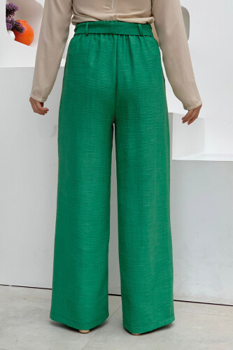 Button Detailed Waist Tie Pocket Loose Trousers 0275 Emerald - 4