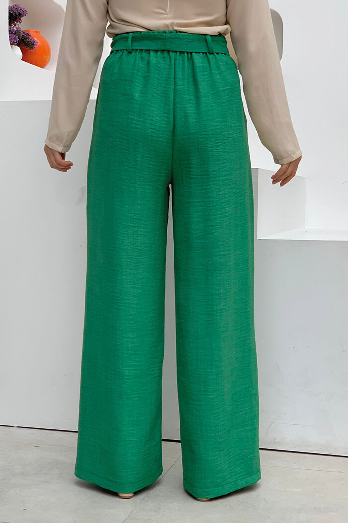 Button Detailed Waist Tie Pocket Loose Trousers 0275 Emerald - 4