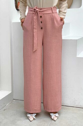 Button Detailed Waist Tie Pocket Loose Trousers 0275 Dried Rose 