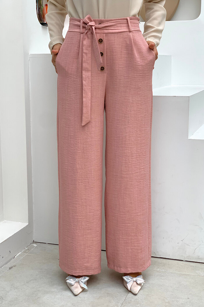 Button Detailed Waist Tie Pocket Loose Trousers 0275 Dried Rose - 3