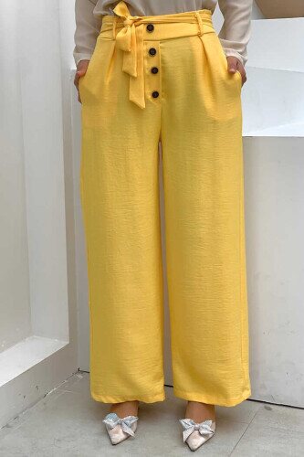 Button Detailed Waist Tie Pocket Loose Trousers 0275 Yellow 