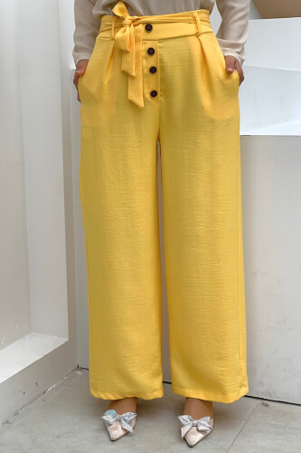 Button Detailed Waist Tie Pocket Loose Trousers 0275 Yellow - 3