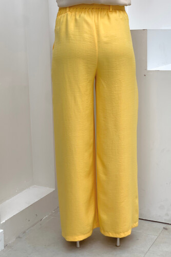 Button Detailed Waist Tie Pocket Loose Trousers 0275 Yellow - 4