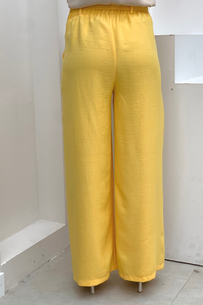 Button Detailed Waist Tie Pocket Loose Trousers 0275 Yellow - 4