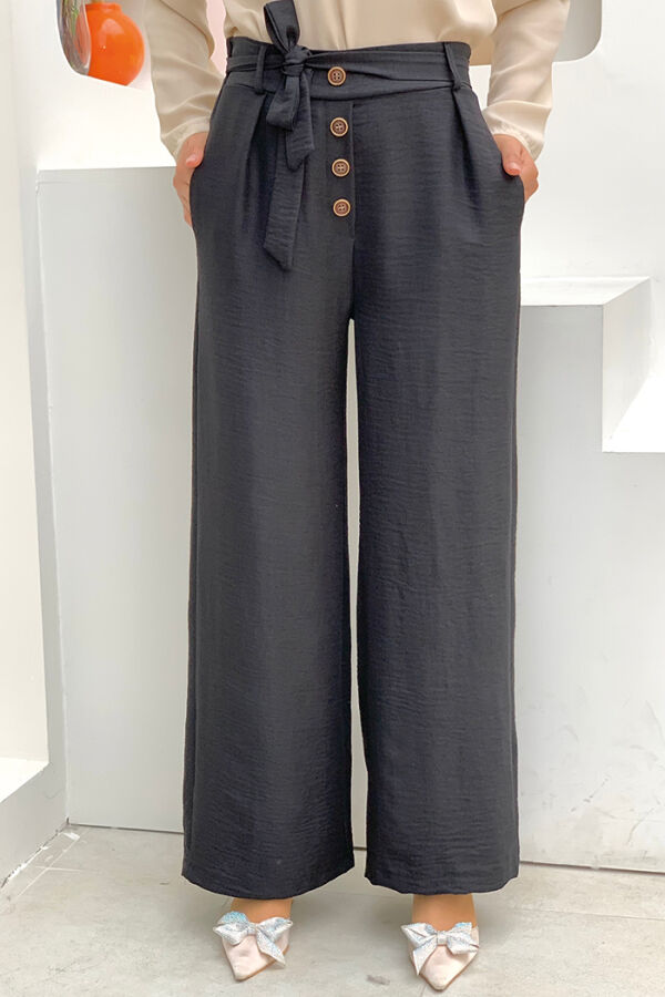 Lose Hose mit Knöpfen, detaillierter Taille, Bindetasche, 0275, Schwarz - 3