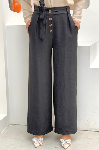 Button Detailed Waist Tie Pocket Loose Trousers 0275 Black - 3