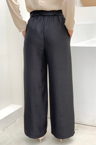 Button Detailed Waist Tie Pocket Loose Trousers 0275 Black - 4