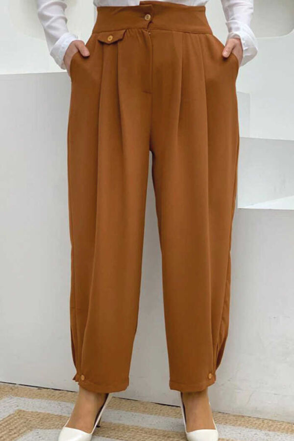 Button Detailed Pocket Shalwar Trousers 0282 Tan - 1