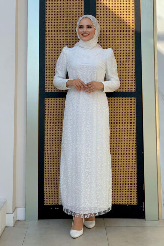 Çiçek Desenli Simli Tül Abiye Elbise 1108 Ekru - Bym Fashion