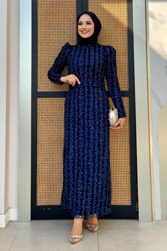 Çiçek Desenli Simli Tül Abiye Elbise 1108 Lacivert - Bym Fashion