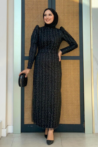 Çiçek Desenli Simli Tül Abiye Elbise 1108 Siyah - Bym Fashion