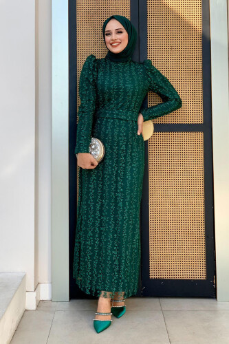 Çiçek Desenli Simli Tül Abiye Elbise 1108 Zümrüt - Bym Fashion