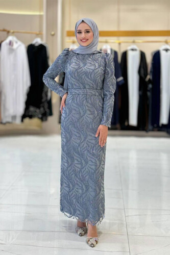 Dal Desenli Simli Tül Büyük Beden Abiye Elbise 1140-1 Gri - Bym Fashion