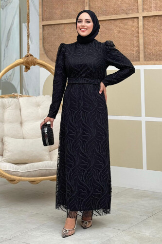 Dal Desenli Simli Tül Büyük Beden Abiye Elbise 1140-1 Siyah - Bym Fashion